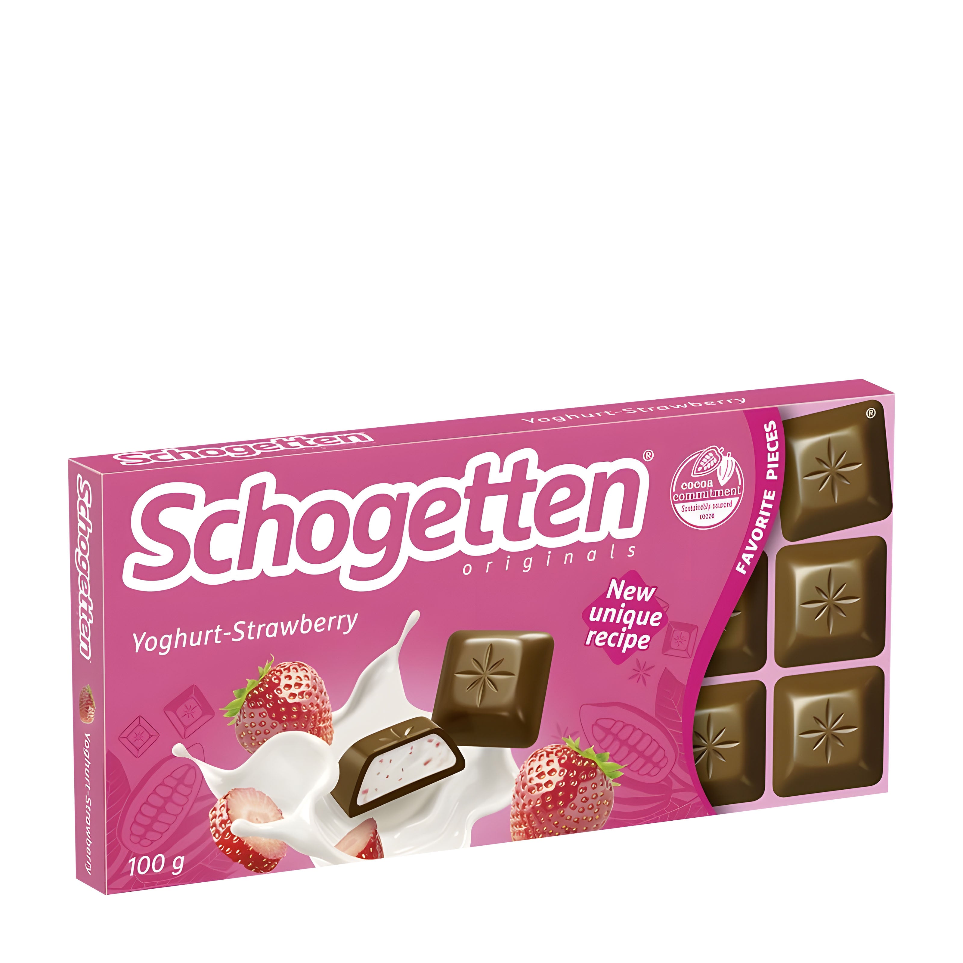 Schogetten Yoghurt Strawberry milk chocolate packaging on a white background