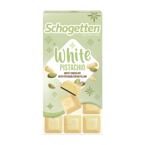 Schogetten White Pistachio chocolate packaging on a white background