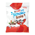 Packaging of Kinder Schoko-Bons milk chocolate, showing the product name and weight, with images of chocolate candies with hazelnuts and milk cream.