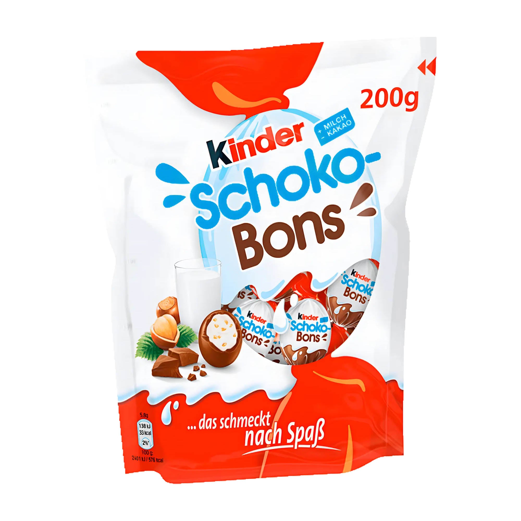Packaging of Kinder Schoko-Bons milk chocolate, showing the product name and weight of 200g.