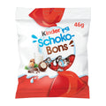 Packaging of Kinder Schoko-Bons milk chocolate, showing the brand logo, images of chocolate candies with hazelnuts, and the weight of 46g.