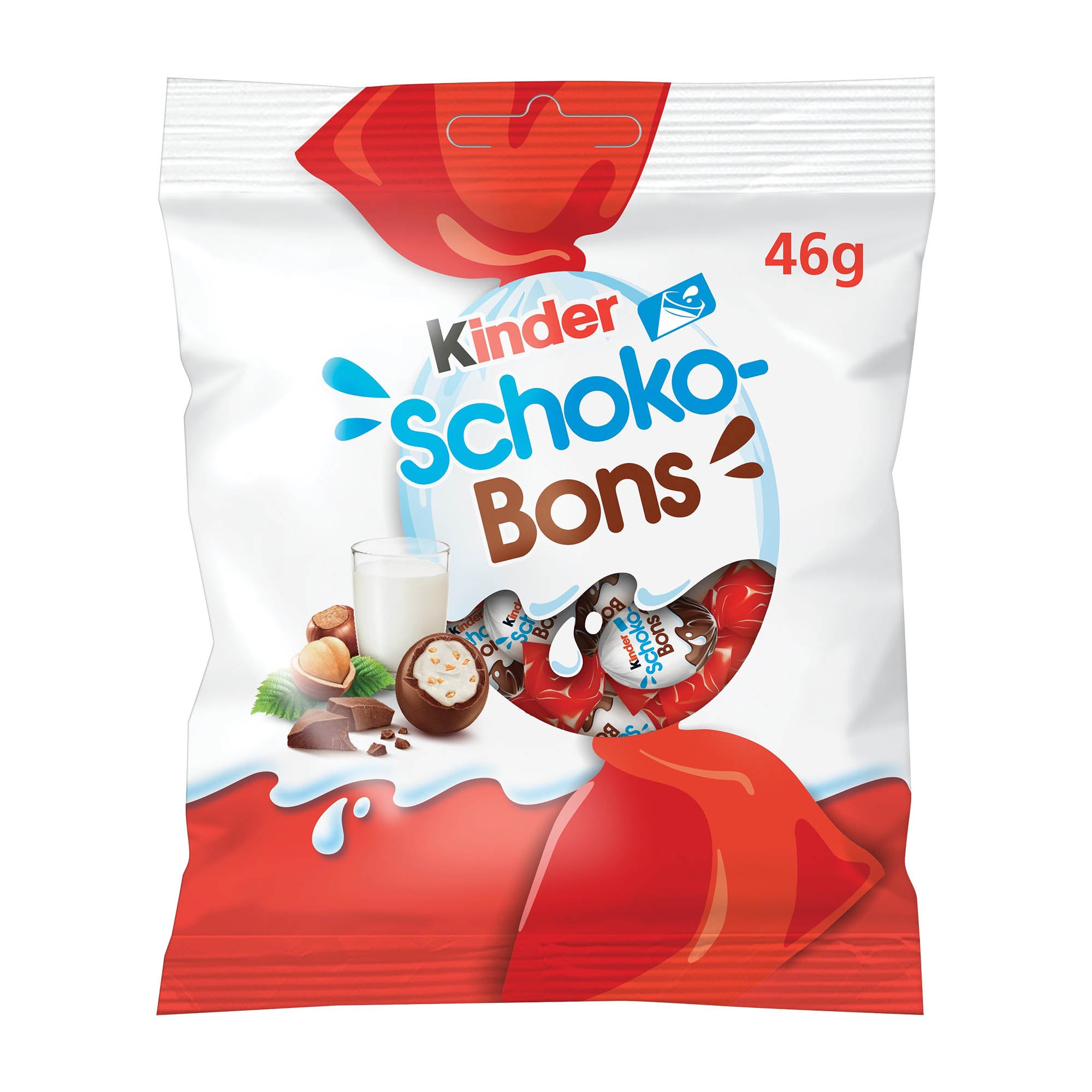 Packaging of Kinder Schoko-Bons milk chocolate, showing the brand logo, images of chocolate candies with hazelnuts, and the weight of 46g.