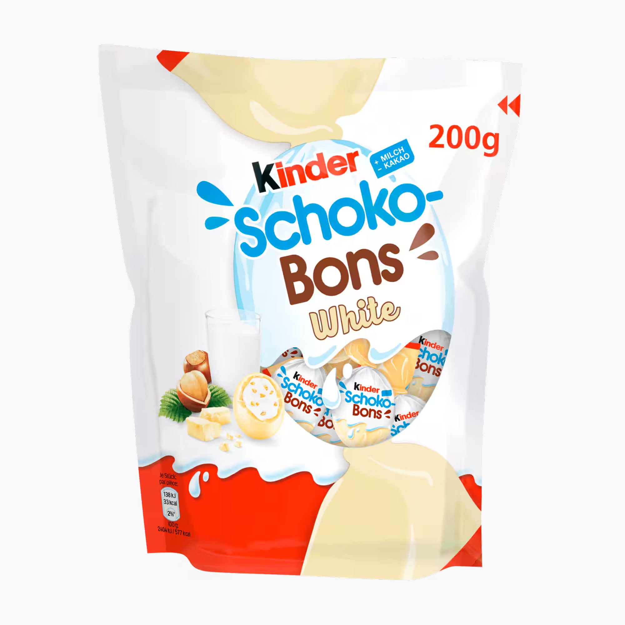 A 200g bag of Kinder Schoko Bons White chocolate candies, featuring a white background with red, blue, and brown branding and illustrations of chocolate and hazelnuts.