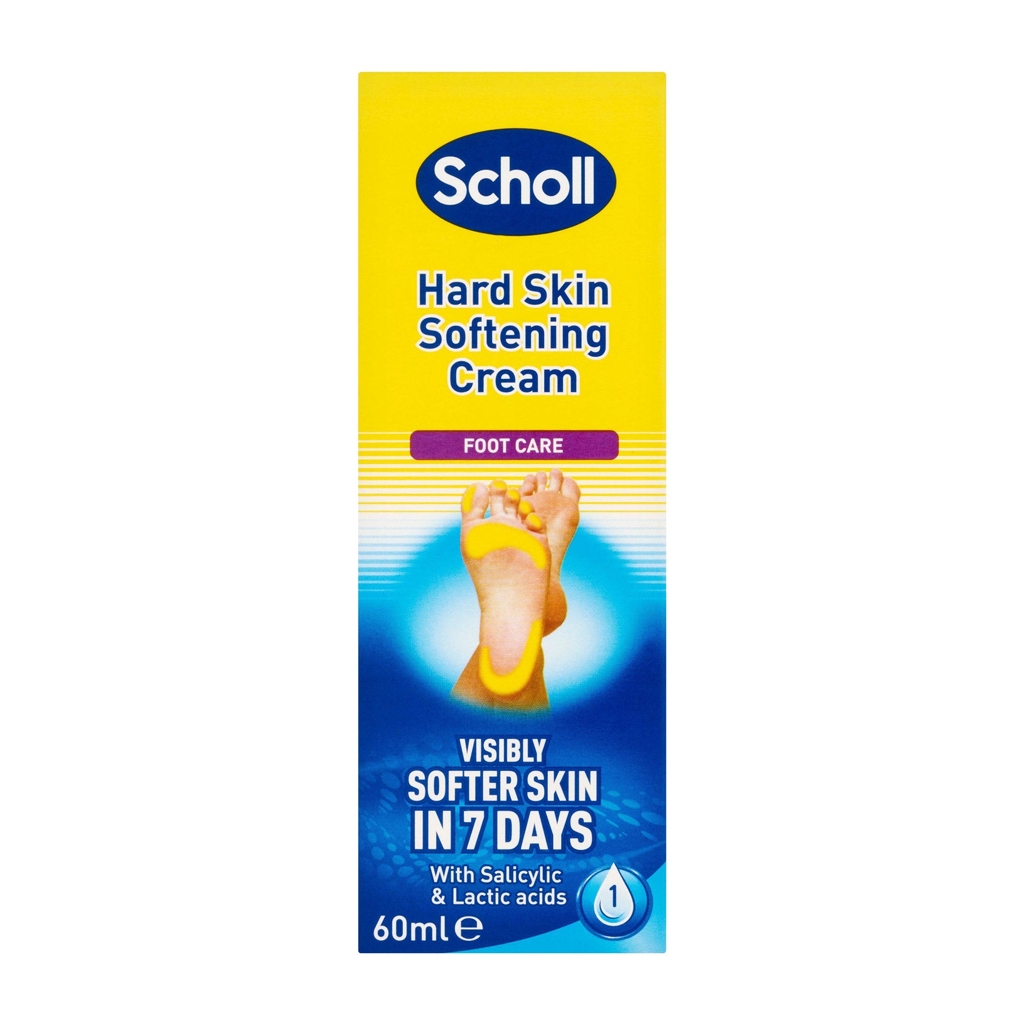 Scholl Hard Skin Softening Cream packaging on a white background.