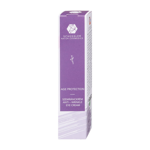 Purple box of Schussler Age Protection anti-wrinkle eye cream on a white background