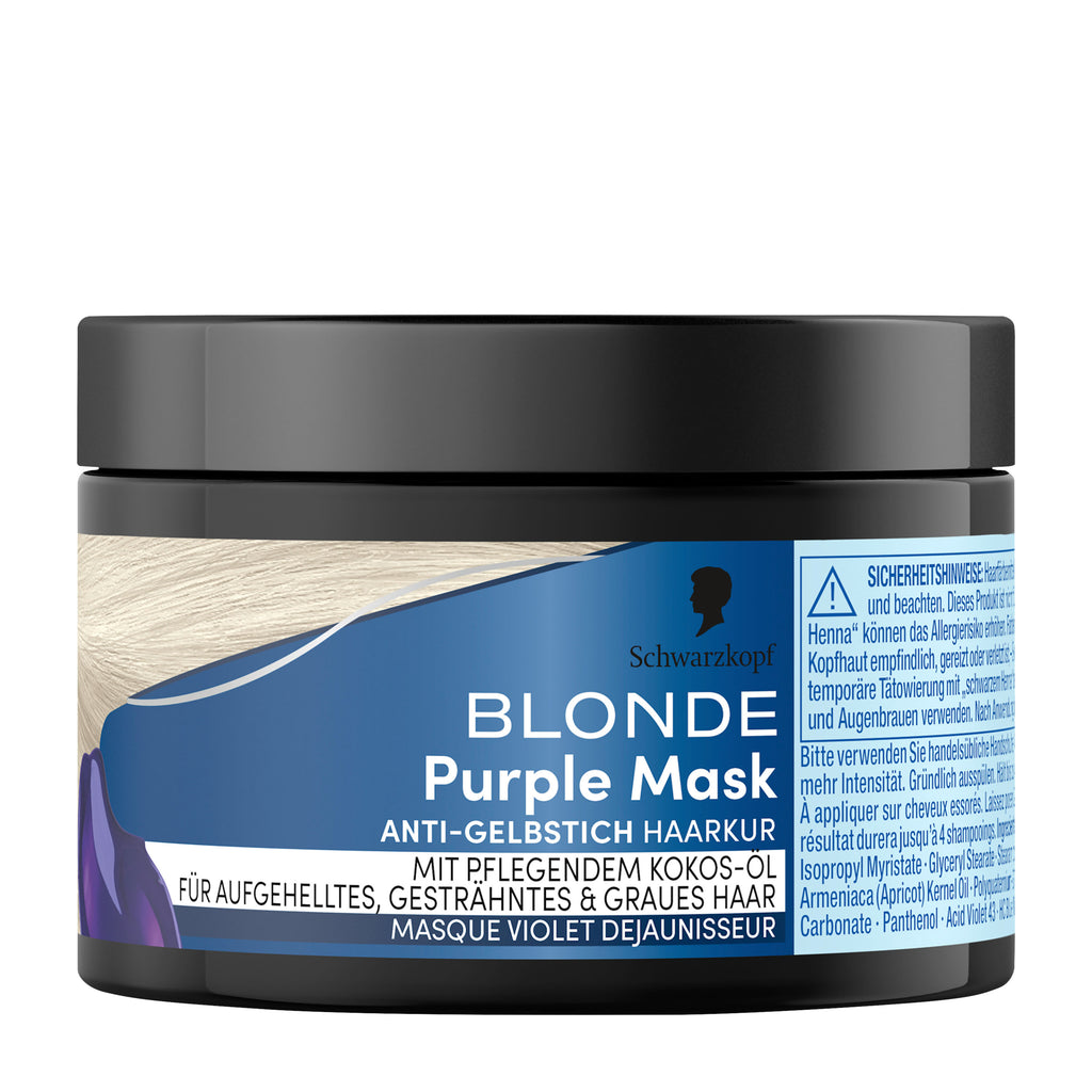 Blonde Purple Mask jar with blue label on a white background