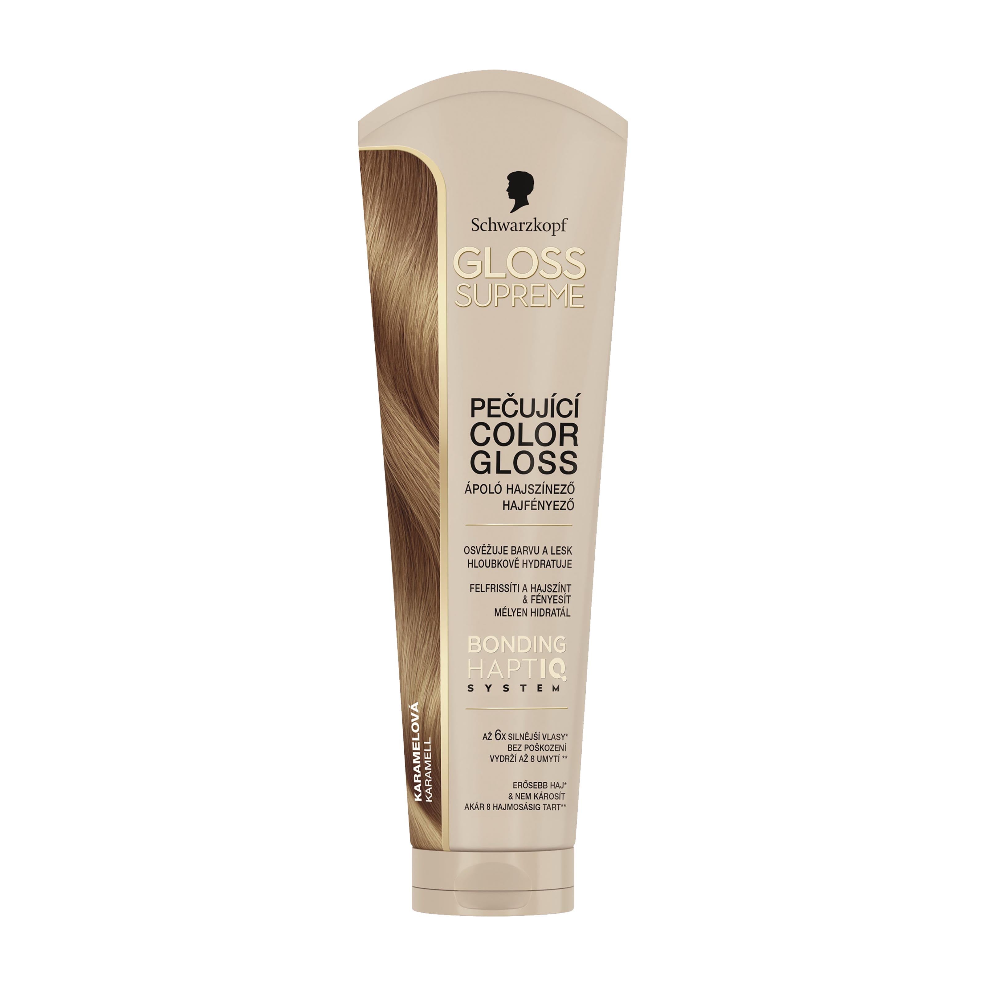 Schwarzkopf Gloss Supreme Caramel hair color treatment on a white background