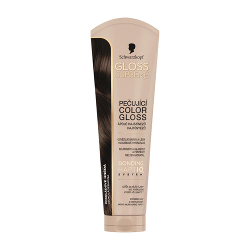 Schwarzkopf Gloss Supreme Chocolate Brown hair color treatment tube on a white background