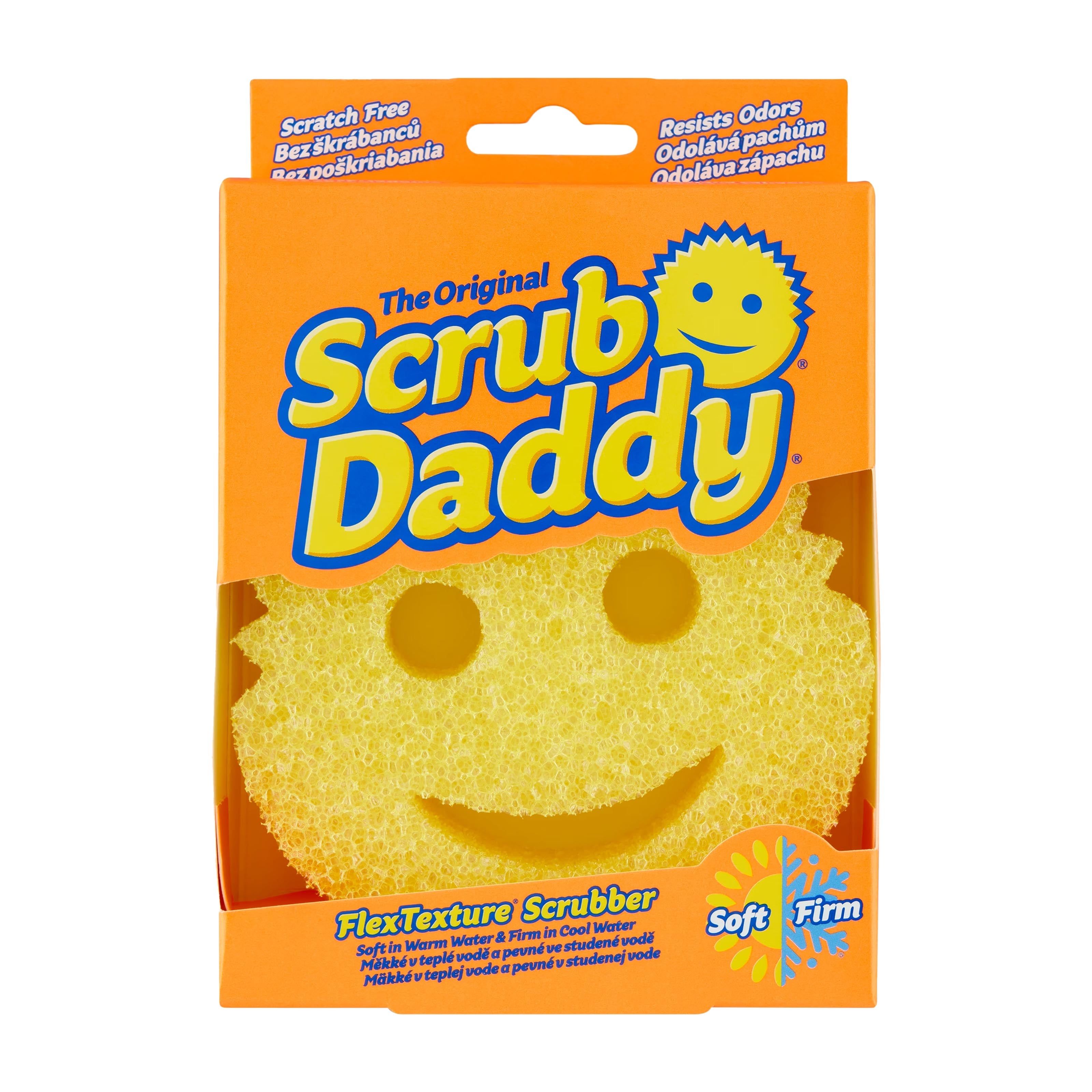 Scrub Daddy Original Flex Texture Scrubber in its orange retail packaging, featuring a yellow smiley face sponge.