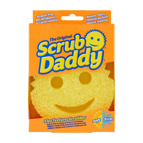 Scrub Daddy Original Flex Texture Scrubber in its orange retail packaging, featuring a yellow smiley face sponge.