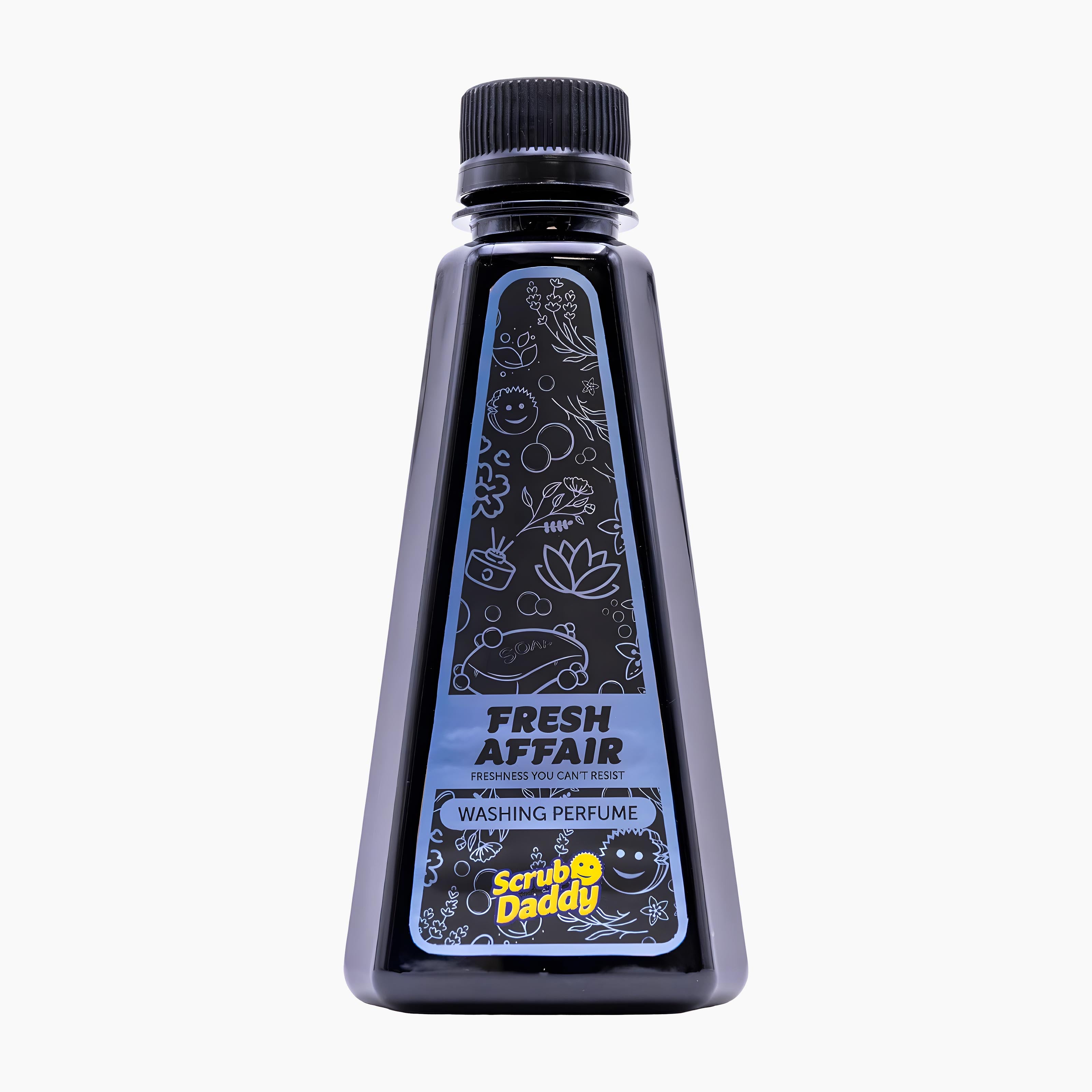 A bottle of Scrub Daddy Fresh Affair Washing Perfume, featuring a black plastic bottle with a black cap and a blue and black label with white line art illustrations, set against a plain white background.