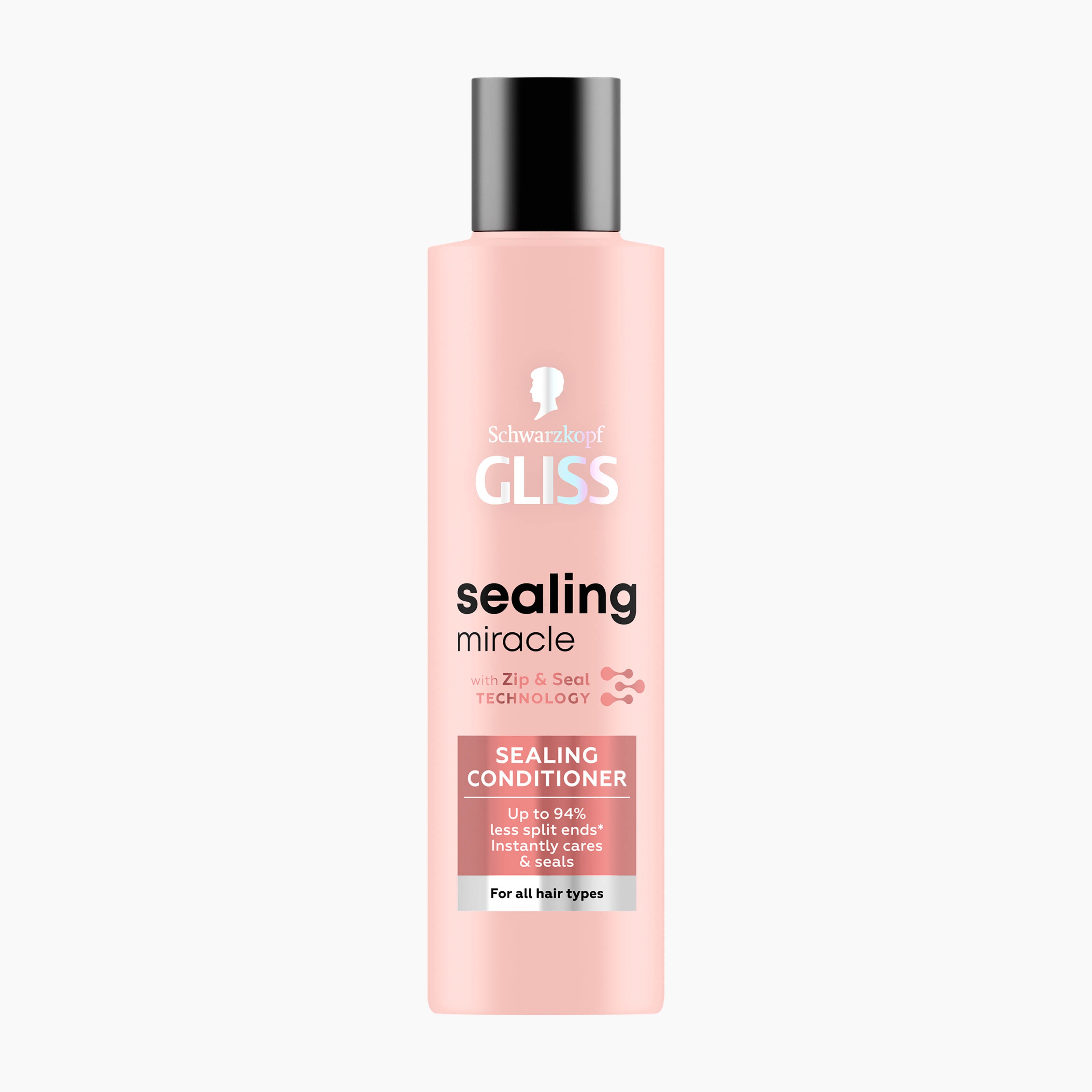 A bottle of Schwarzkopf GLISS Sealing Miracle sealing conditioner, featuring a light pink bottle with a dark gray cap, centered on a plain white background.
