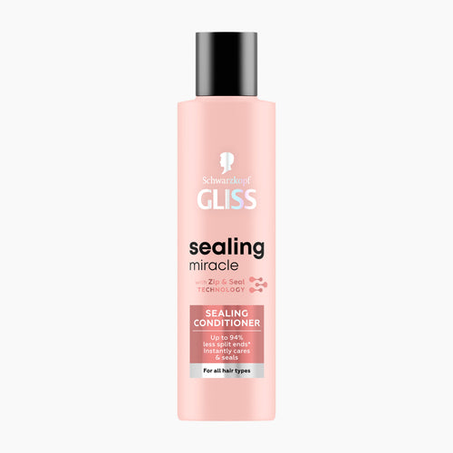 A bottle of Schwarzkopf GLISS Sealing Miracle sealing conditioner, featuring a light pink bottle with a dark gray cap, centered on a plain white background.