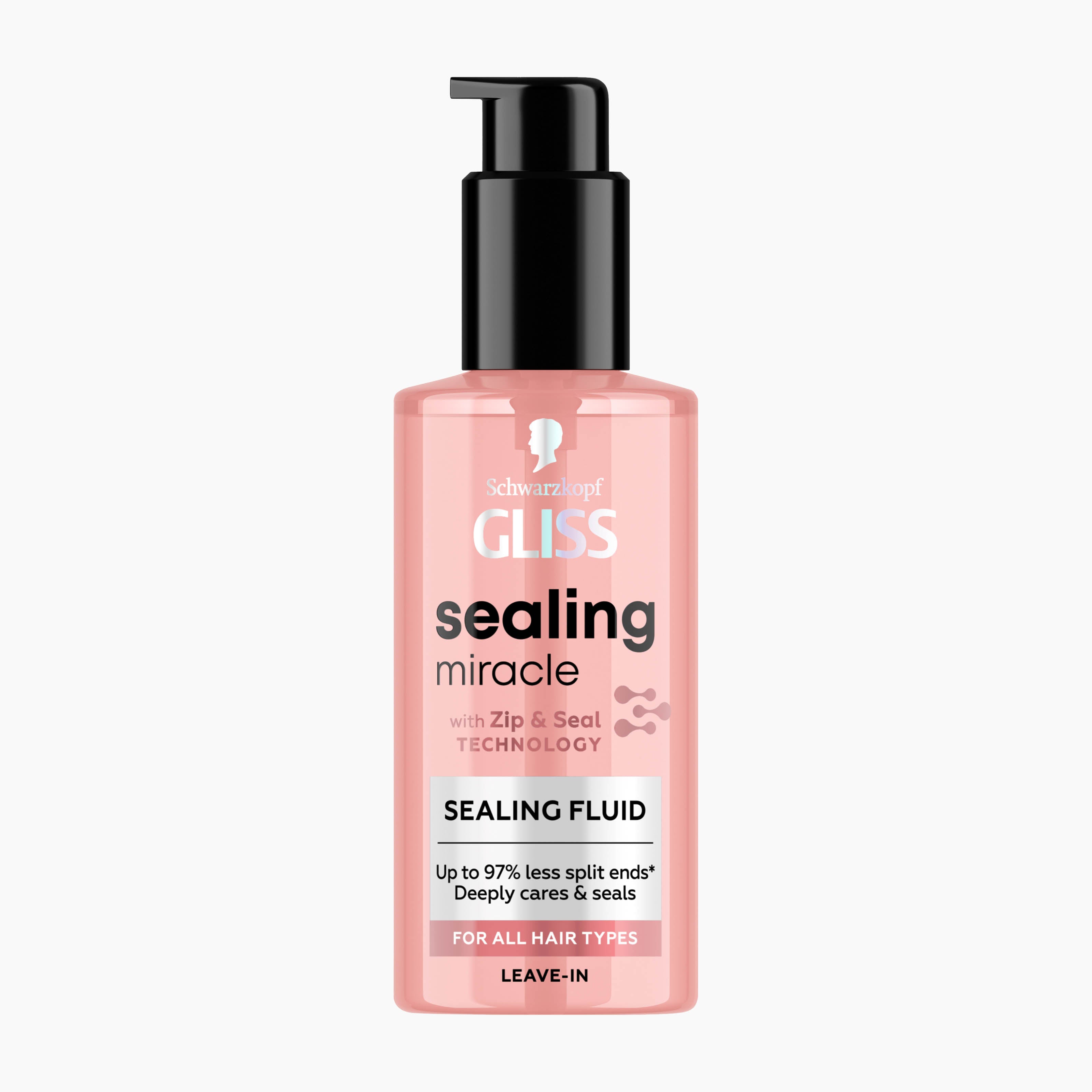 Schwarzkopf GLISS sealing miracle leave-in sealing fluid in a pink bottle with a black pump dispenser, shown against a plain white background.