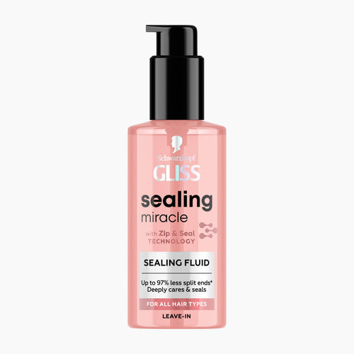 Schwarzkopf GLISS sealing miracle leave-in sealing fluid in a pink bottle with a black pump dispenser, shown against a plain white background.