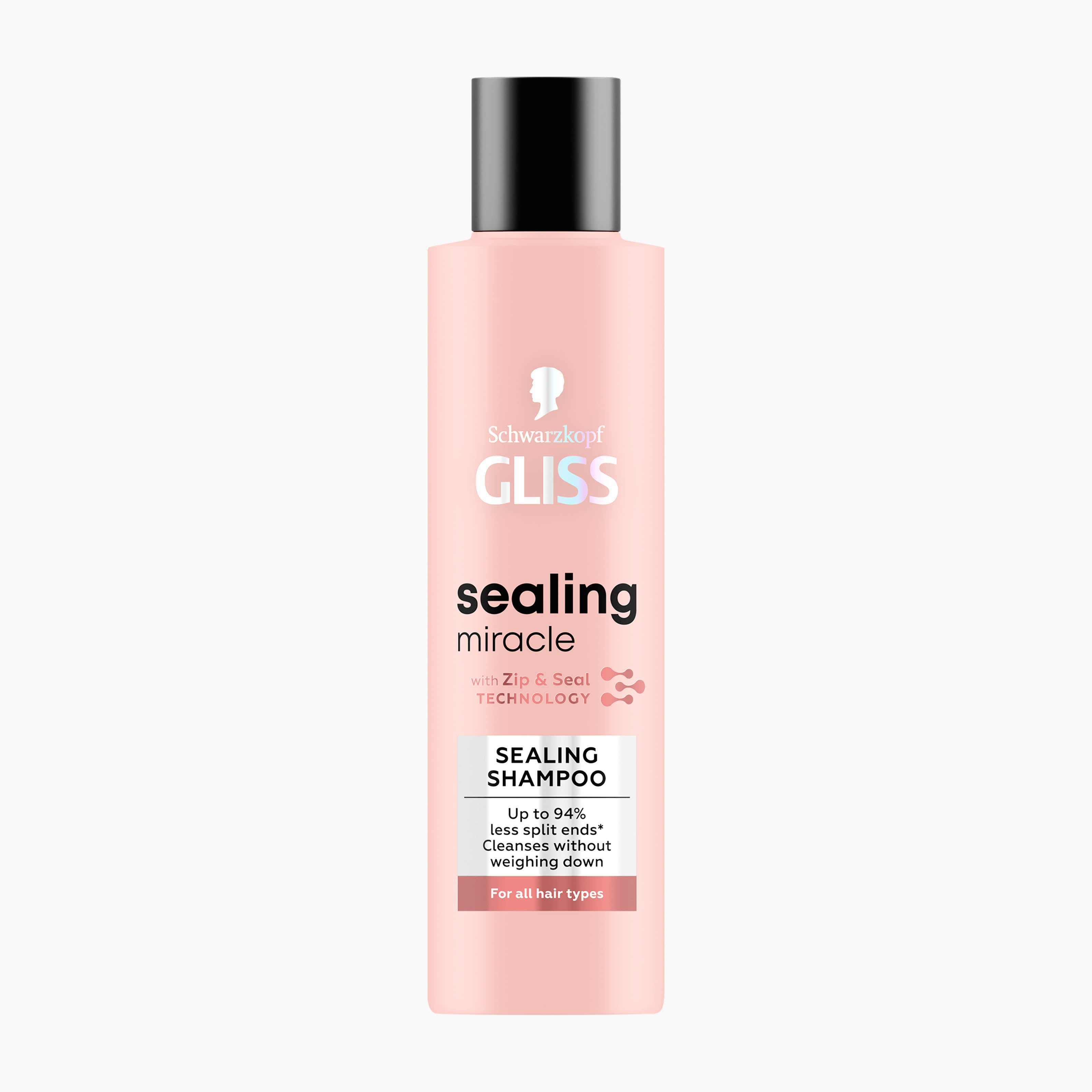 A bottle of Schwarzkopf GLISS Sealing Miracle sealing shampoo in a light pink bottle with a black cap, shown against a plain white background.
