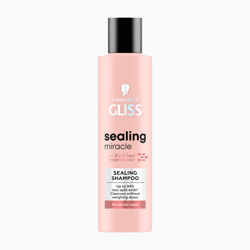 A bottle of Schwarzkopf GLISS Sealing Miracle sealing shampoo in a light pink bottle with a black cap, shown against a plain white background.
