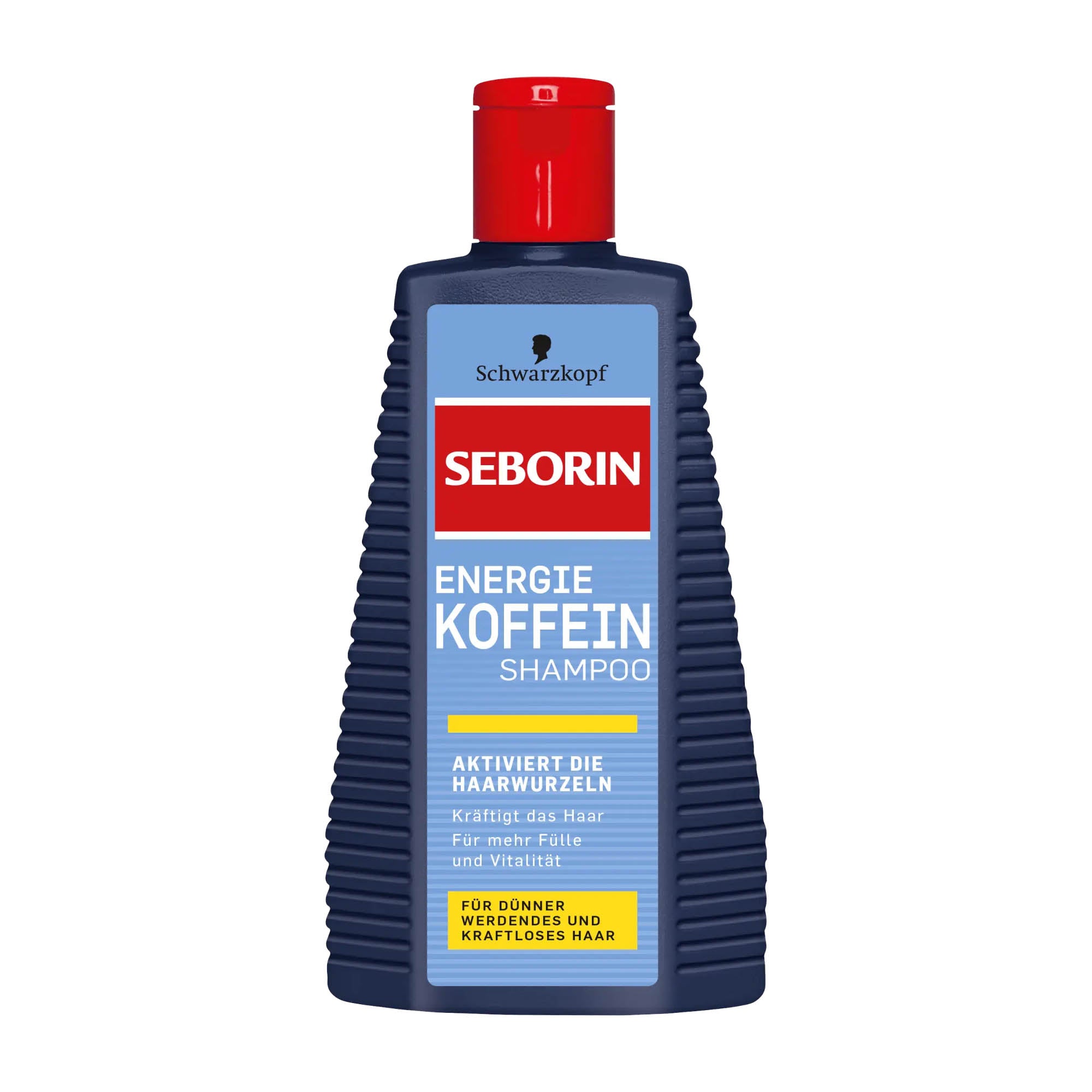 Schwarzkopf Seborin Energy Caffeine shampoo in a blue bottle with a red cap.
