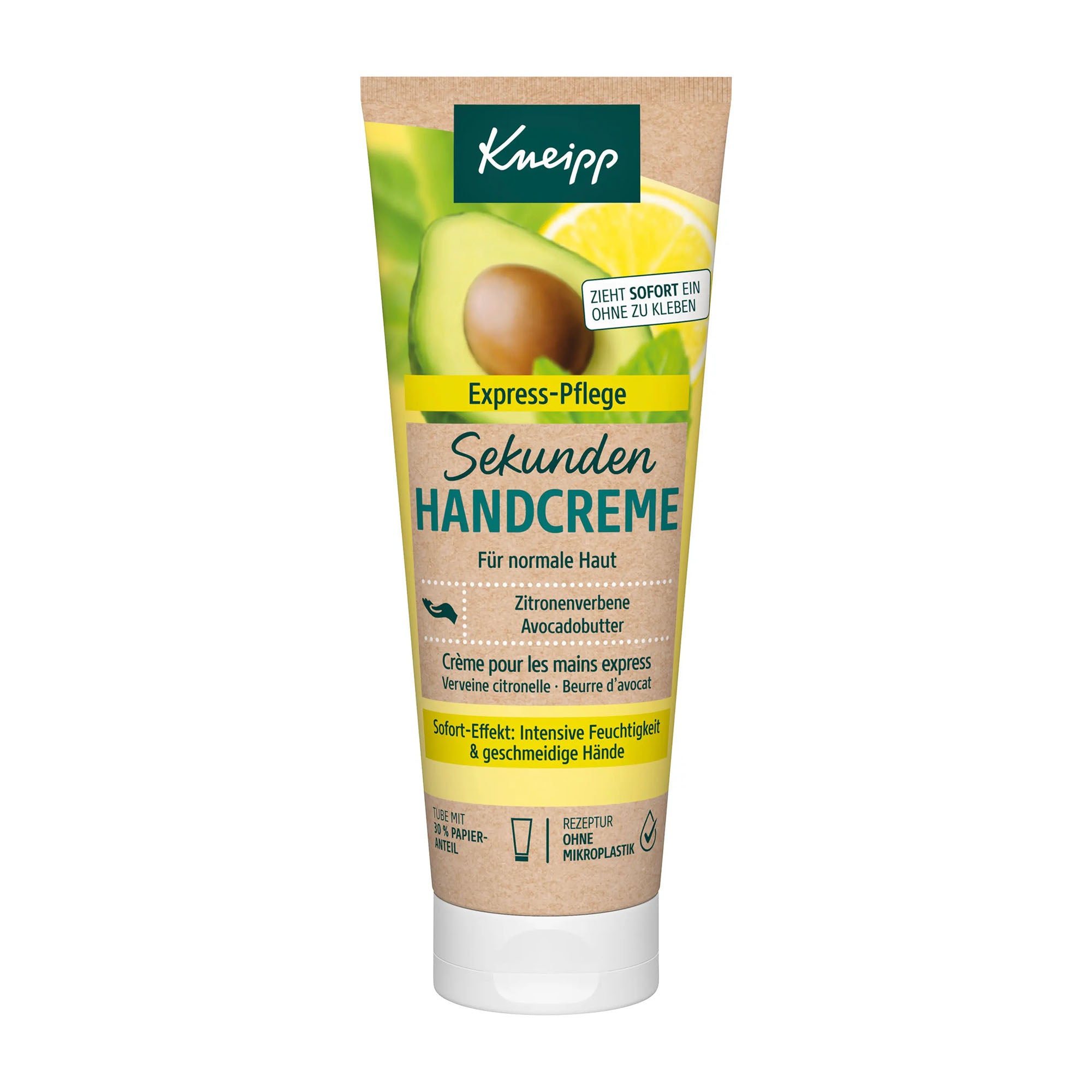 Kneipp Seconds Express hand cream Lemon verbena tube with avocado and lemon graphics on a white background