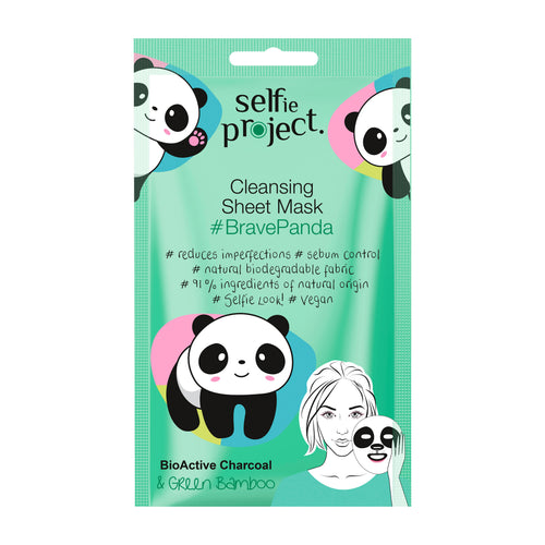 Selfie Project Cleansing sheet mask packaging with panda design and text on a white background