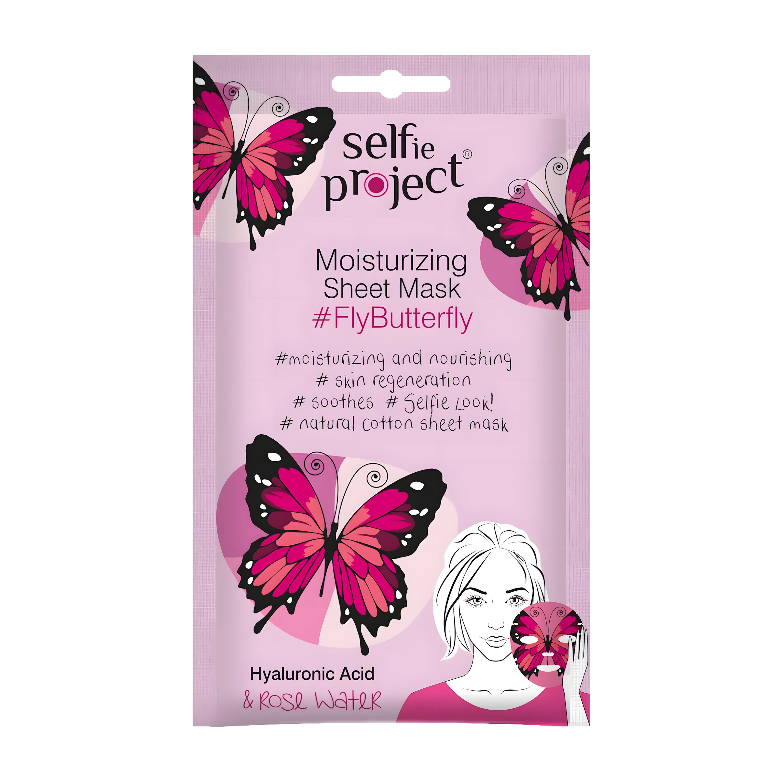 Selfie Project Moisturizing sheet mask packaging with butterfly design on a pink background