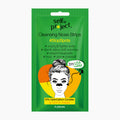 A green packet of Selfie Project Cleansing Nose Strips with a black-and-white illustration of a woman applying a strip, plus yellow and orange graphic accents and product text.