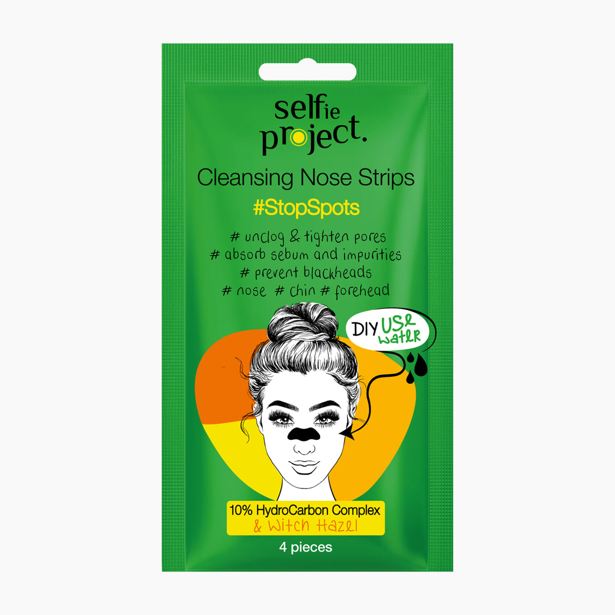 A green packet of Selfie Project Cleansing Nose Strips with a black-and-white illustration of a woman applying a strip, plus yellow and orange graphic accents and product text.