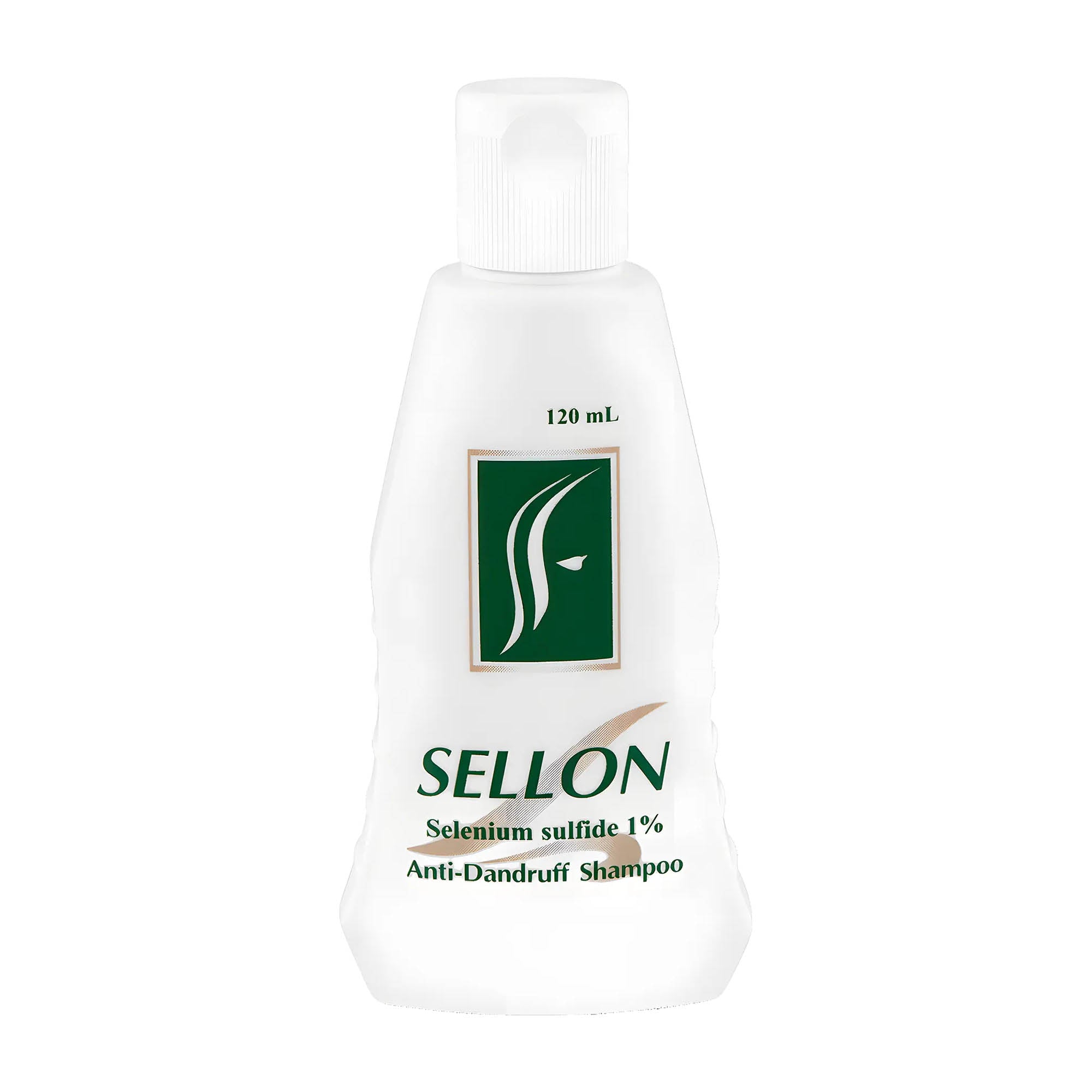 Bottle of Sellon Selenium Sulfide Anti-dandruff Shampoo, 120 mL with a white and green label.