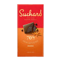 Packaging of Suchard Sensations Orange 70% dark chocolate bar, with an image of the bar and candied orange pieces on the front.