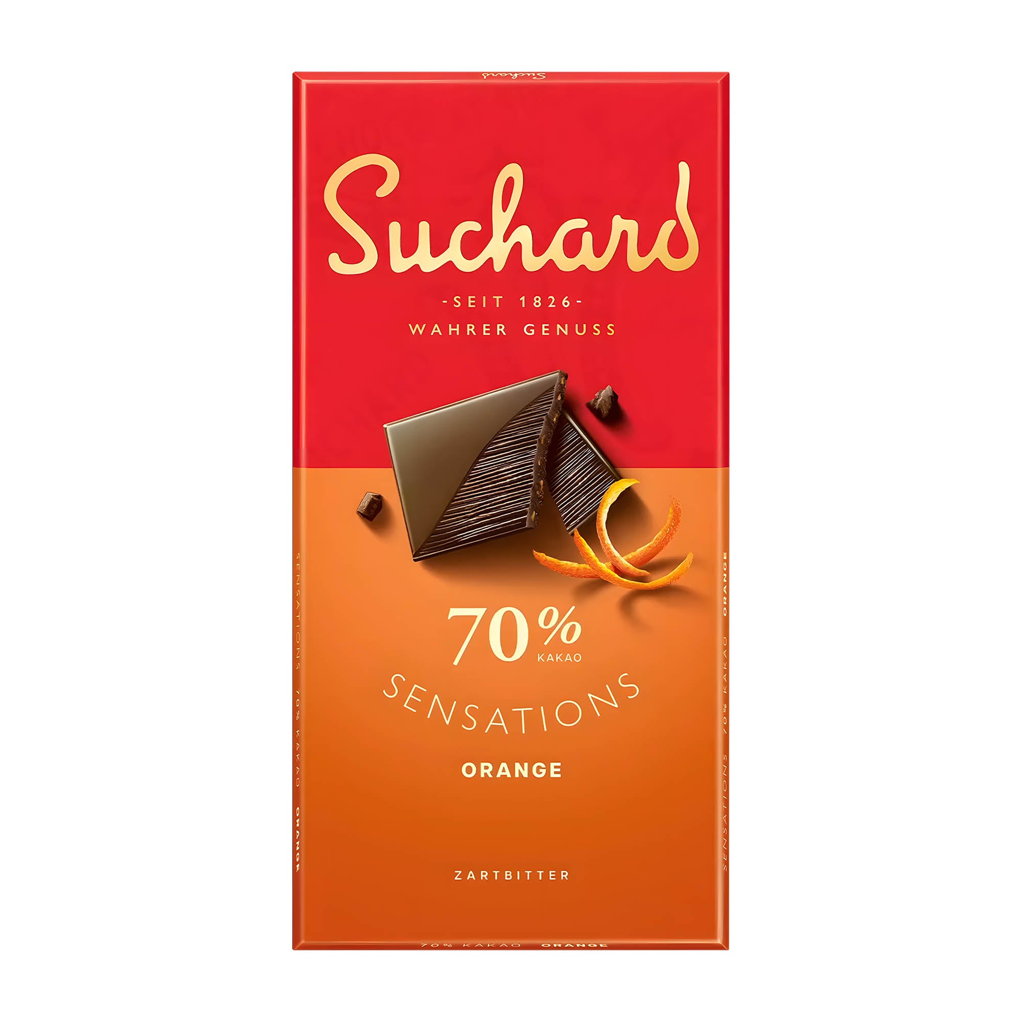 Packaging of Suchard Sensations Orange 70% dark chocolate bar, with an image of the bar and candied orange pieces on the front.