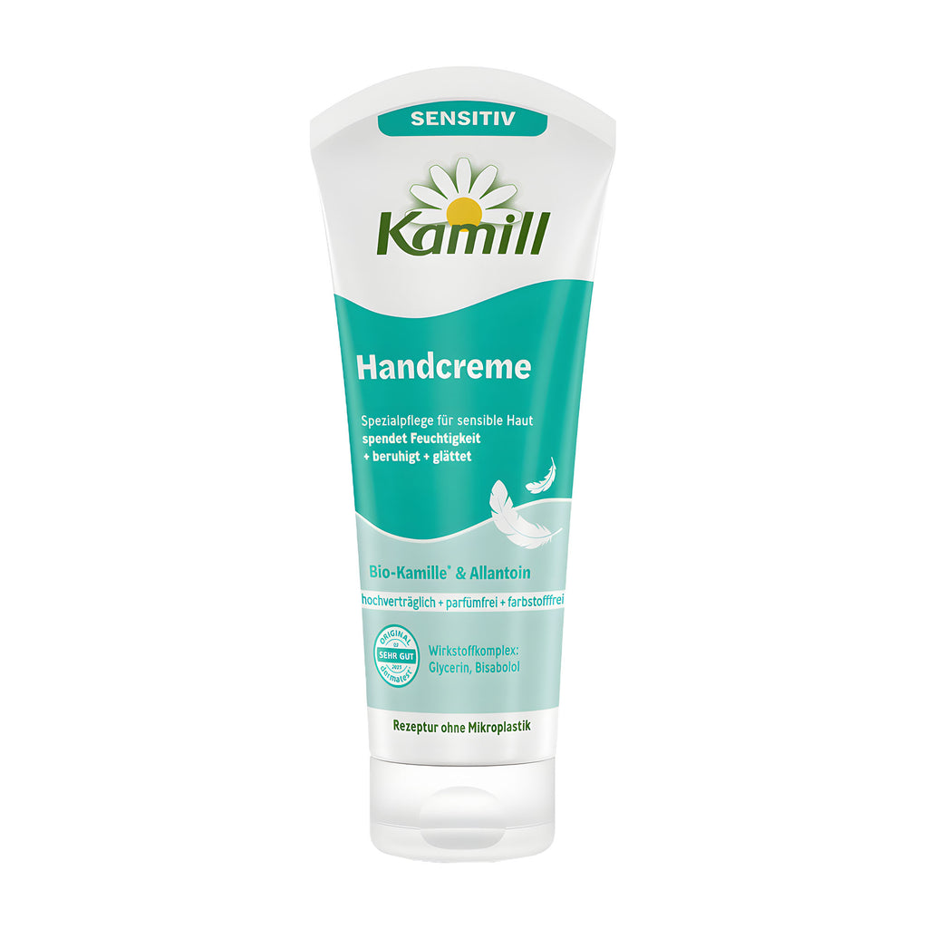 Kamill Sensitive hand cream tube on a white background