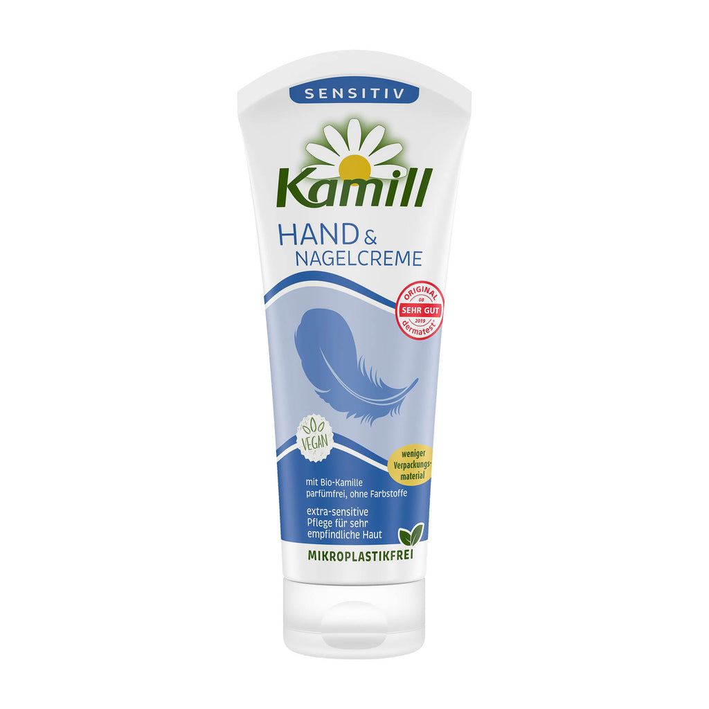 A tube of Kamill Sensitive hand and nail cream with organic chamomile, designed for sensitive skin, 100 mL.