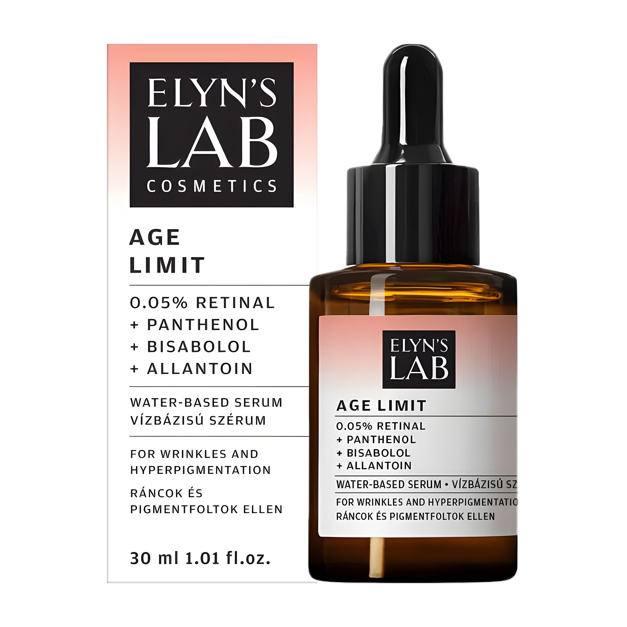 Elyn's Lab Age Limit Retinal Serum box and bottle on a white background