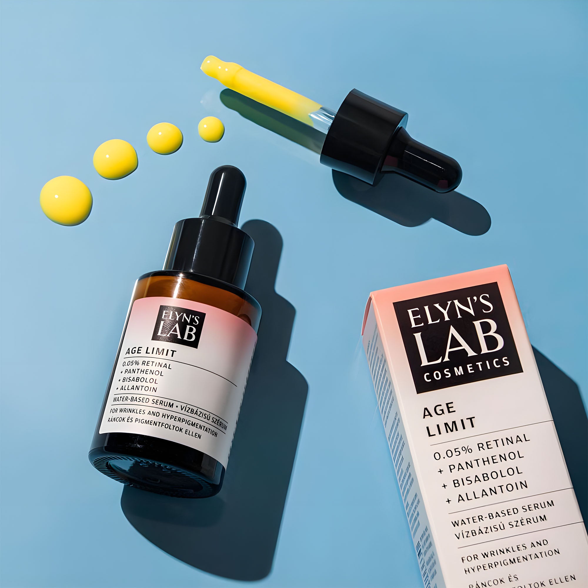 Elyn's Lab age limit retinal serum bottle and packaging on a blue background