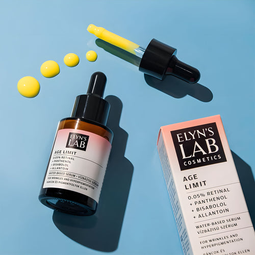 Elyn's Lab age limit retinal serum bottle and packaging on a blue background