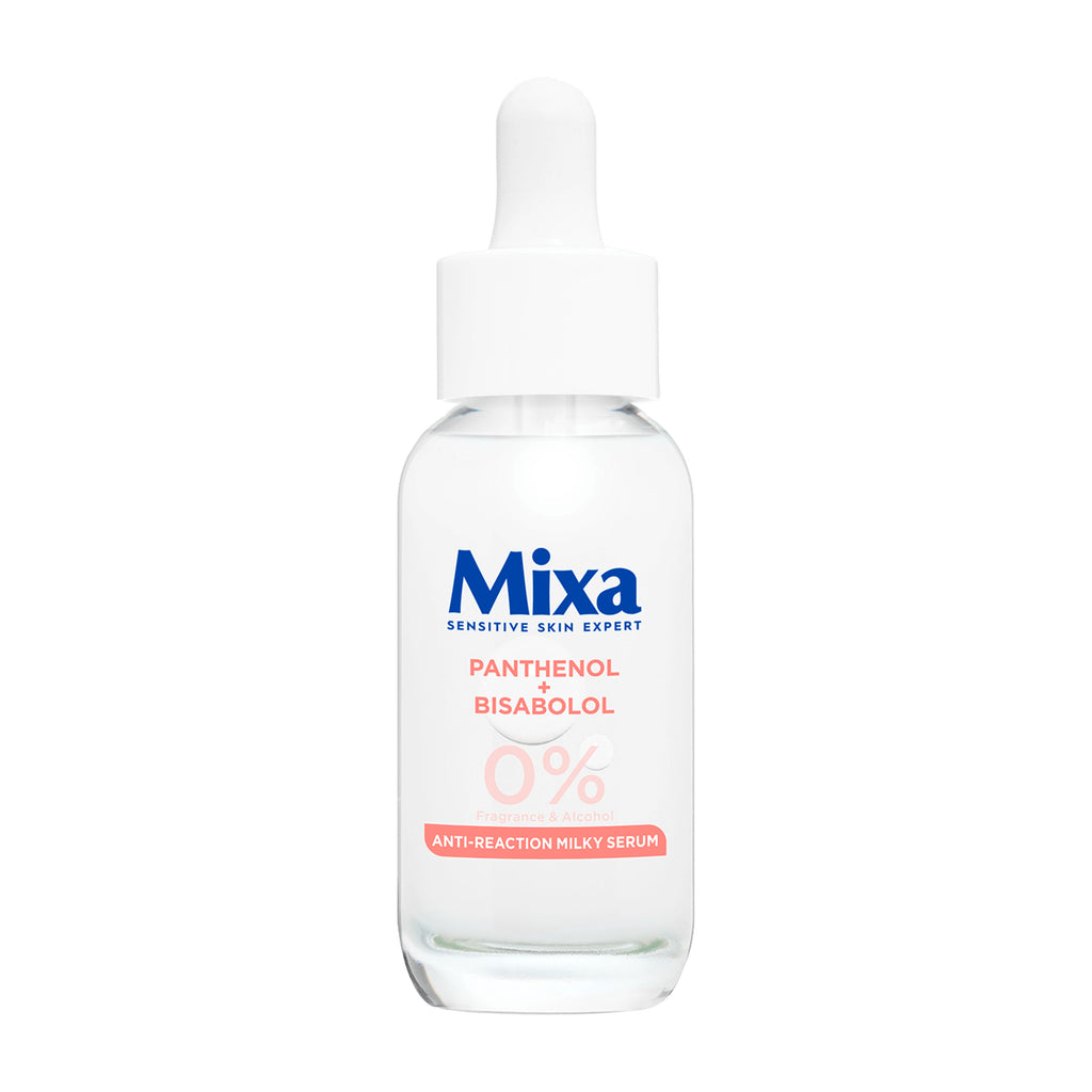 Mixa anti reaction soothing milky serum bottle on a white background