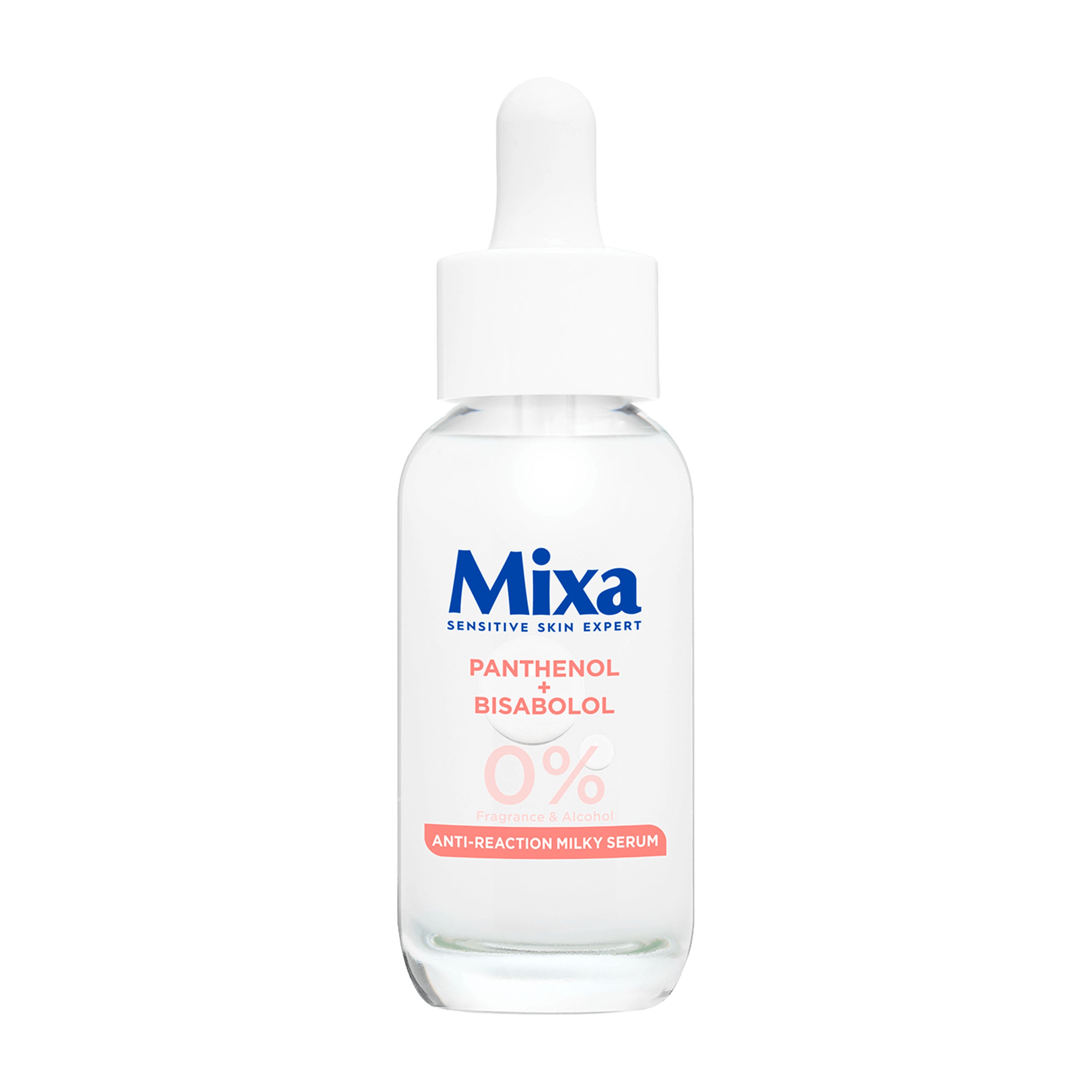 Mixa anti reaction soothing milky serum bottle on a white background