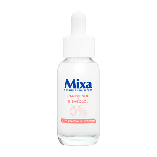 Mixa anti reaction soothing milky serum bottle on a white background