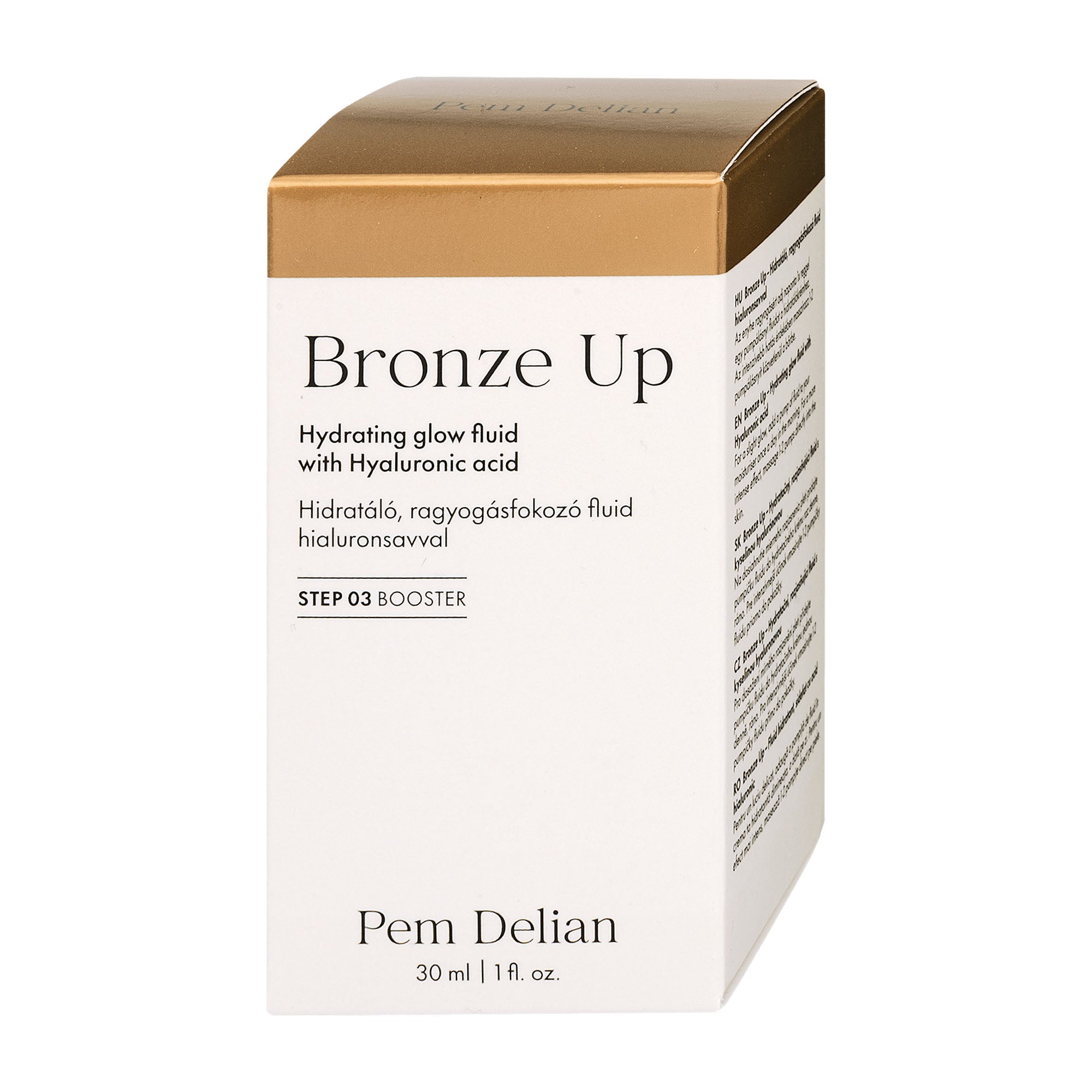 Pem Delian Bronze Up skincare product packaging on a white background