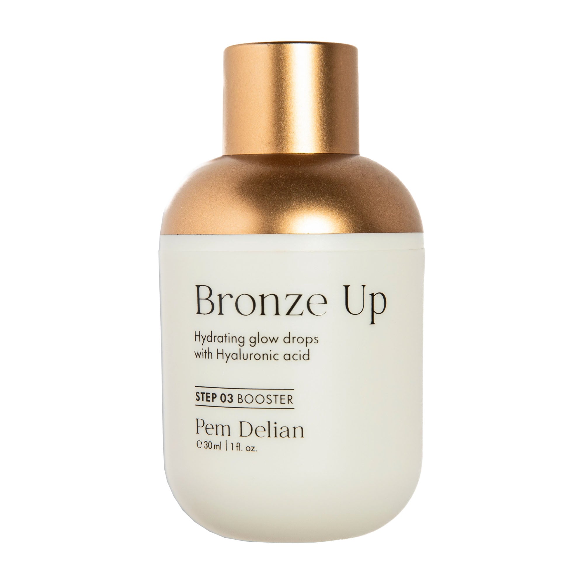 Bronze Up skincare bottle with gold cap on a white background