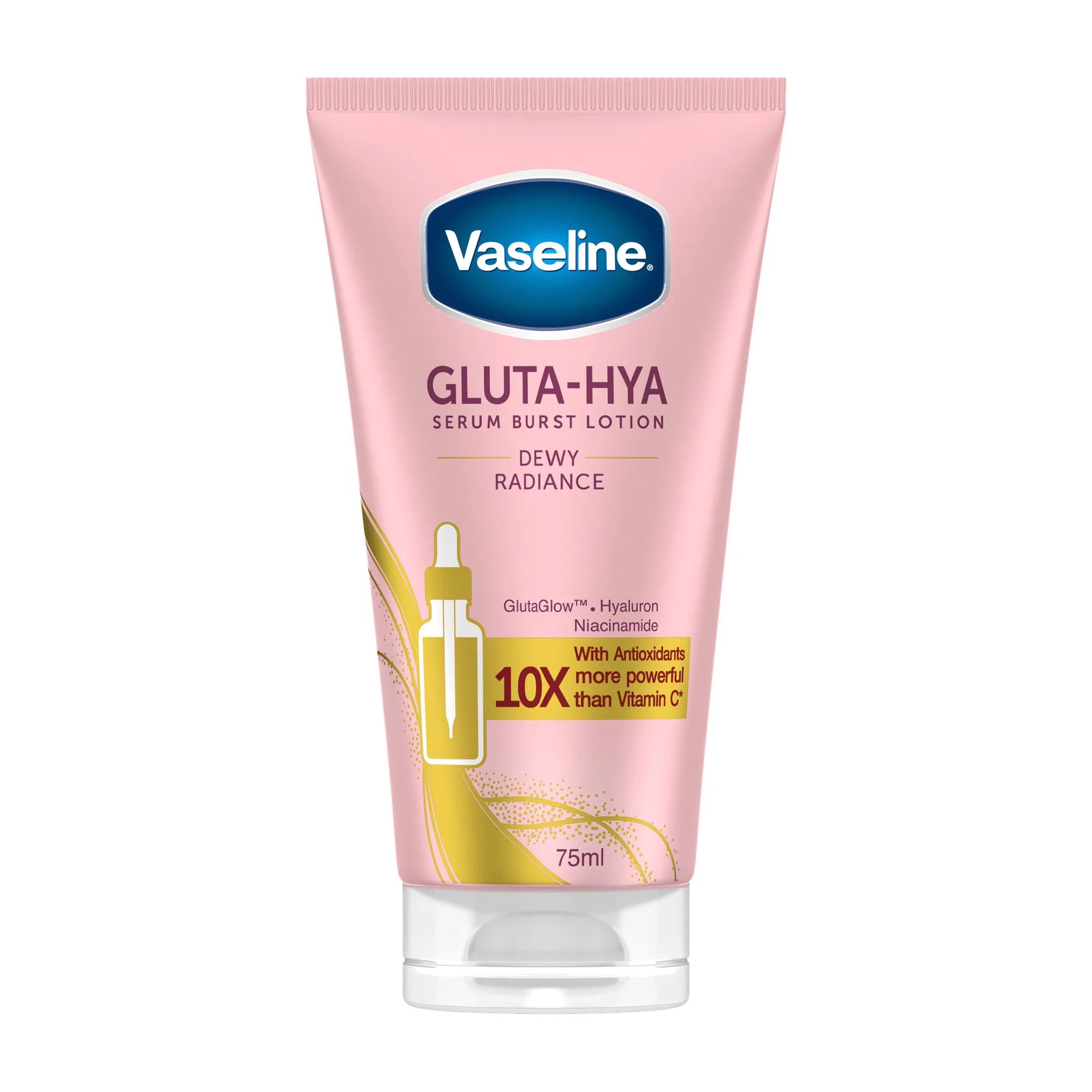 Vaseline Gluta-Hya Serum Burst Lotion in a pink squeeze tube with a clear cap, on a white background.