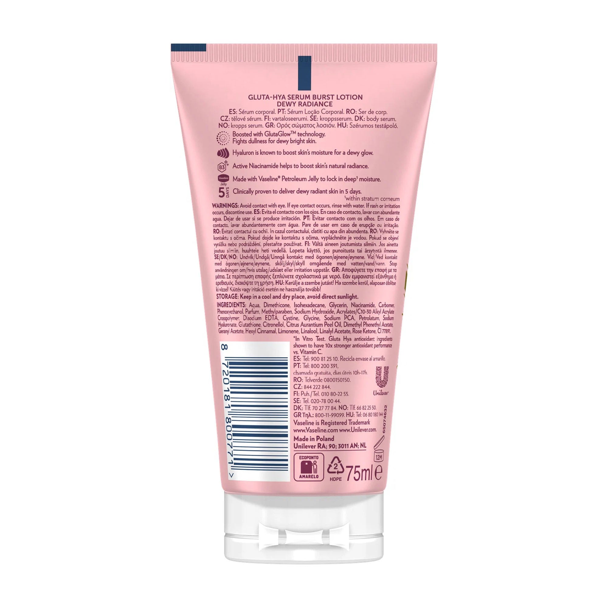The back of a pink squeeze tube of Vaseline Gluta Hya Dewy Radiance Serum Burst Lotion, 75ml, on a solid white background.