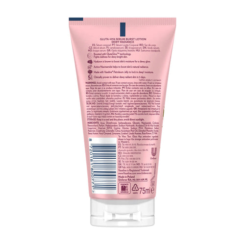 The back of a pink squeeze tube of Vaseline Gluta Hya Dewy Radiance Serum Burst Lotion, 75ml, on a solid white background.