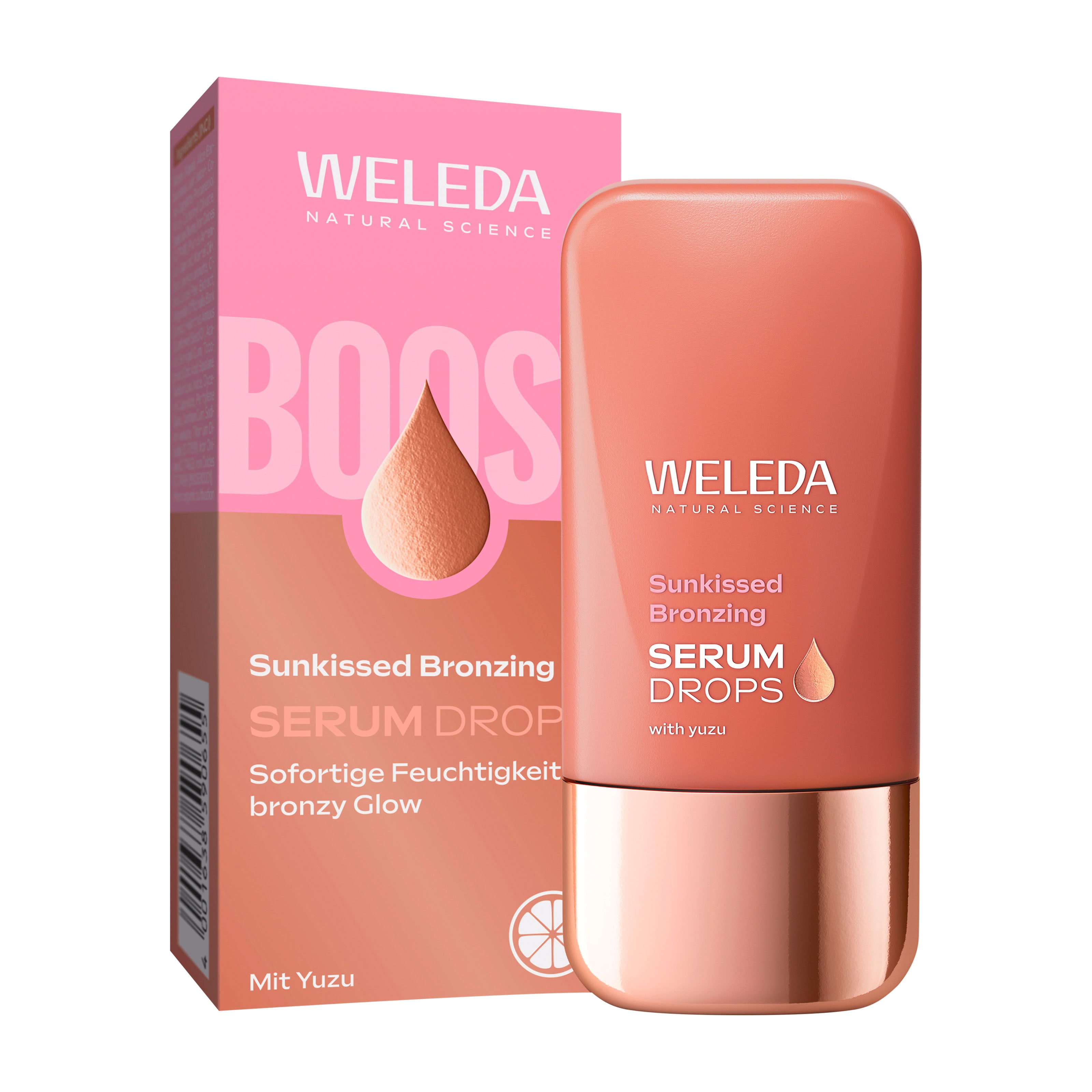 Weleda Sunkissed Bronzing Serum Drop bottle and packaging on a white background