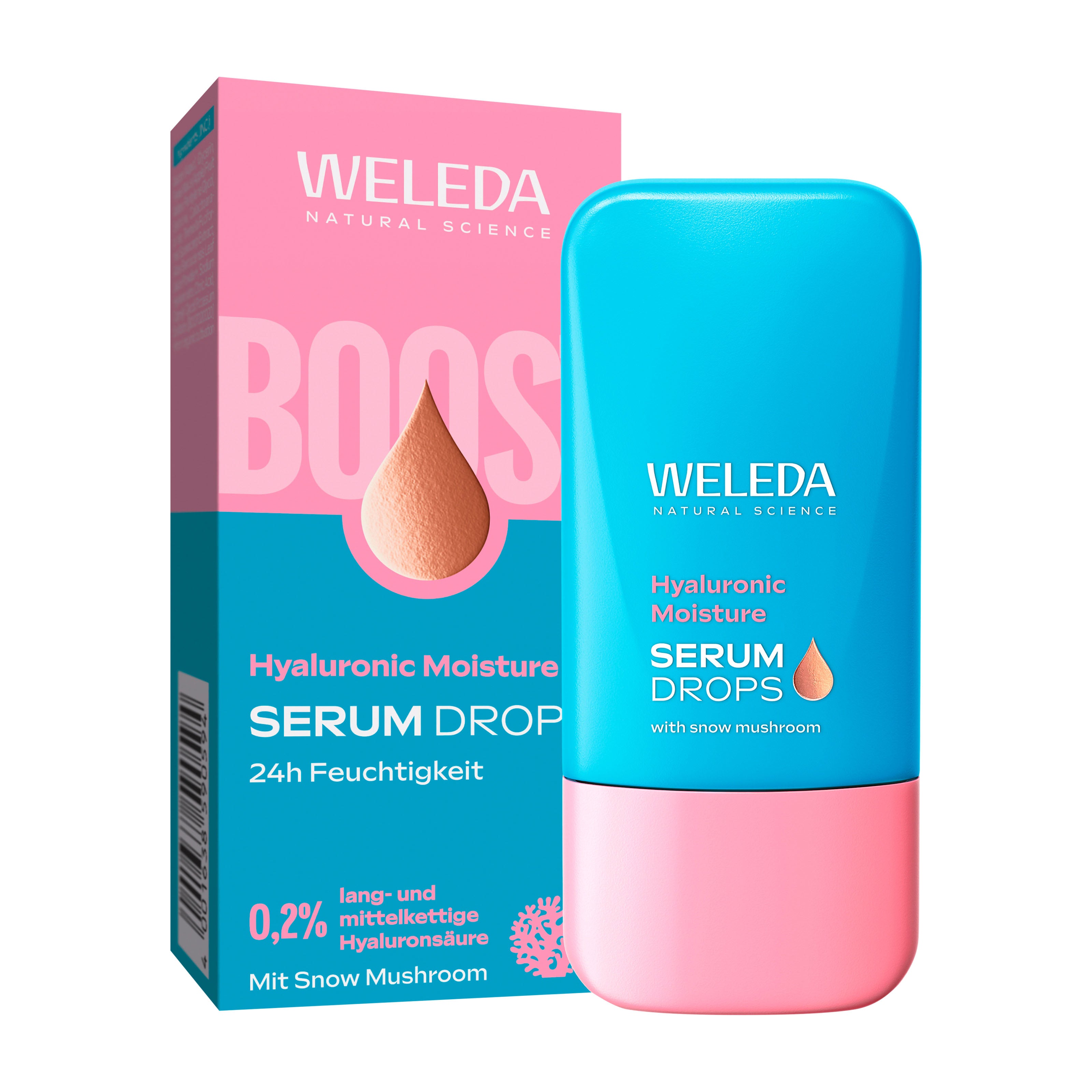 Weleda serum drops packaging with pink and blue design on a white background