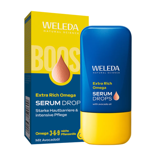 Weleda Extra Rich Omega Serum Drops with packaging on a white background
