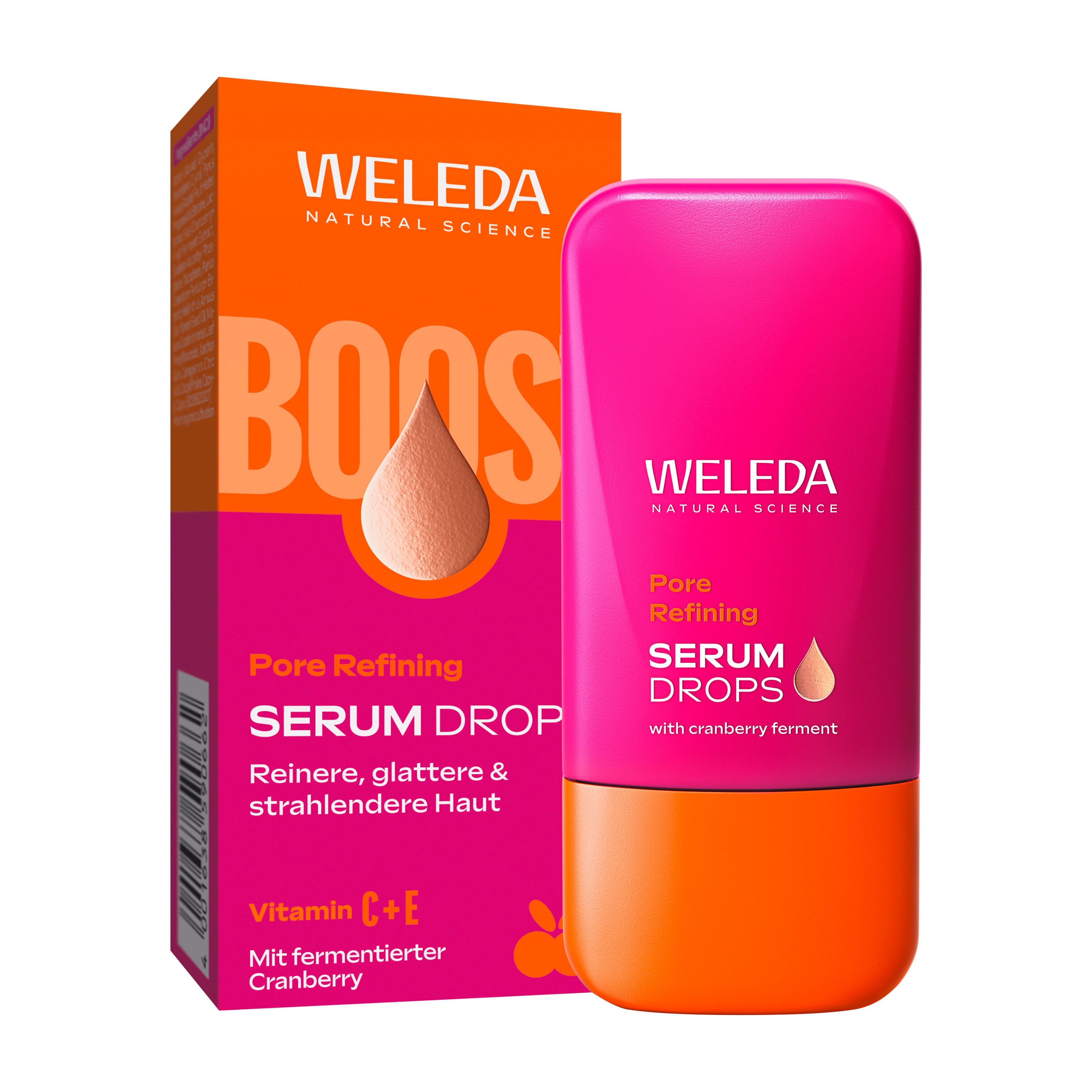 Weleda Pore Refining Serum Drop packaging with pink and orange design on a white background
