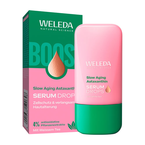 Weleda serum drop packaging with green and pink design on a white background