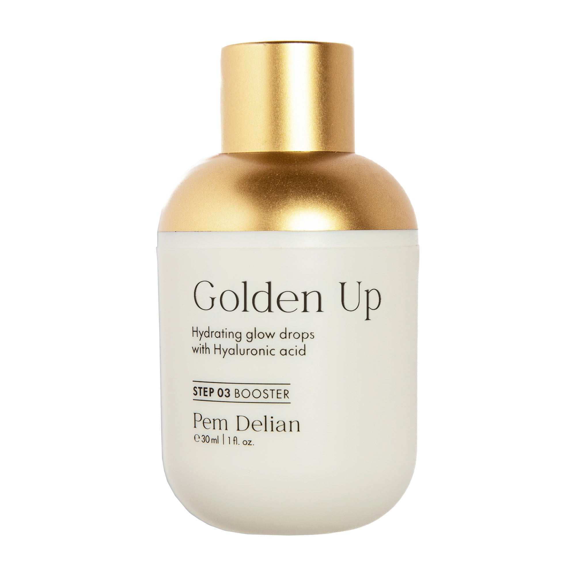 Skincare bottle labeled 'Golden Up' with gold cap on a white background