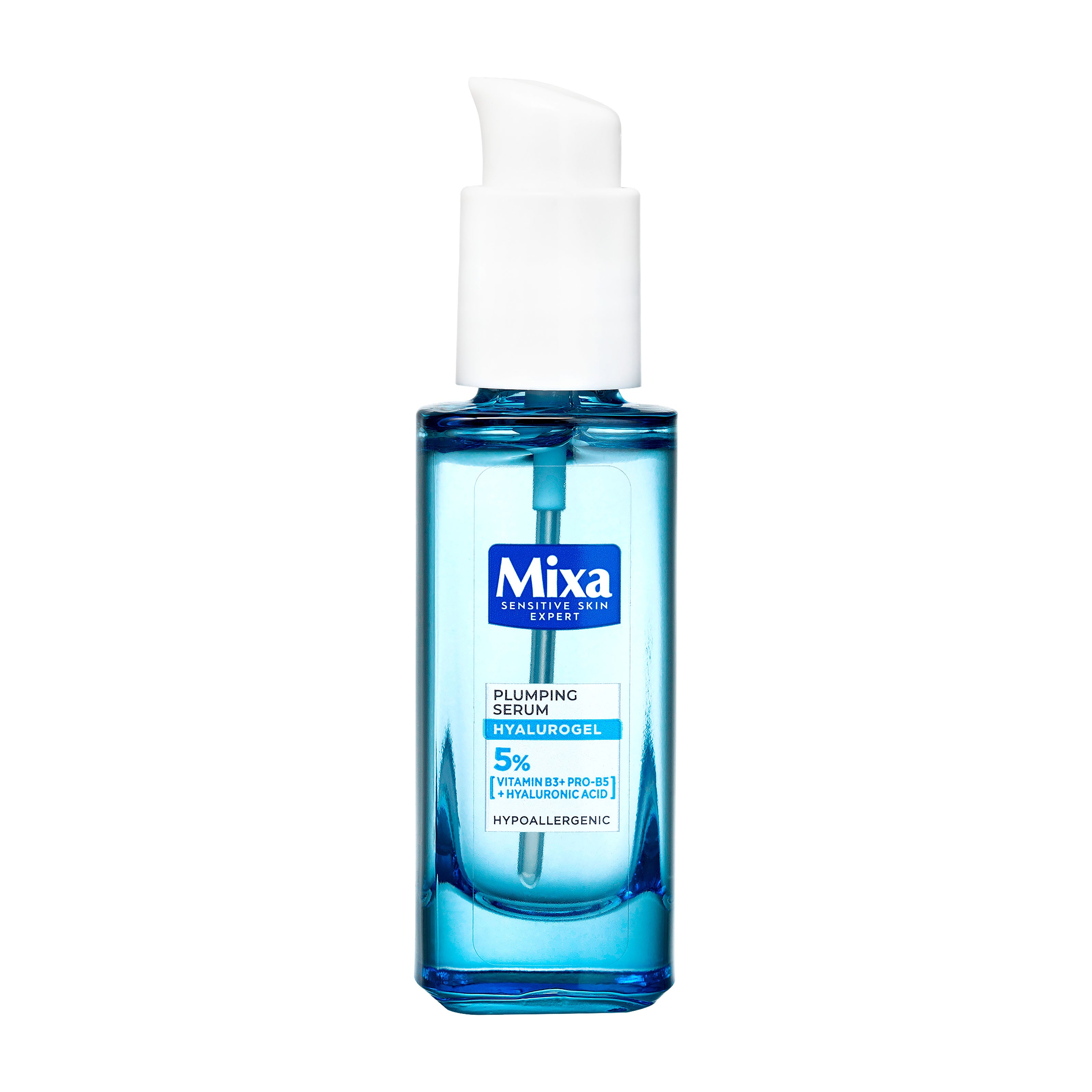 Mixa plumping serum bottle on a white background